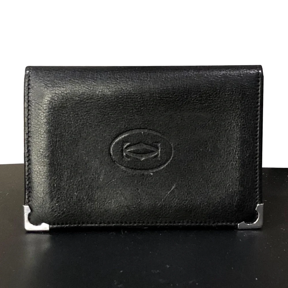 CARTIER Black Leather Card Wallet with Silver Metal Corner Accents